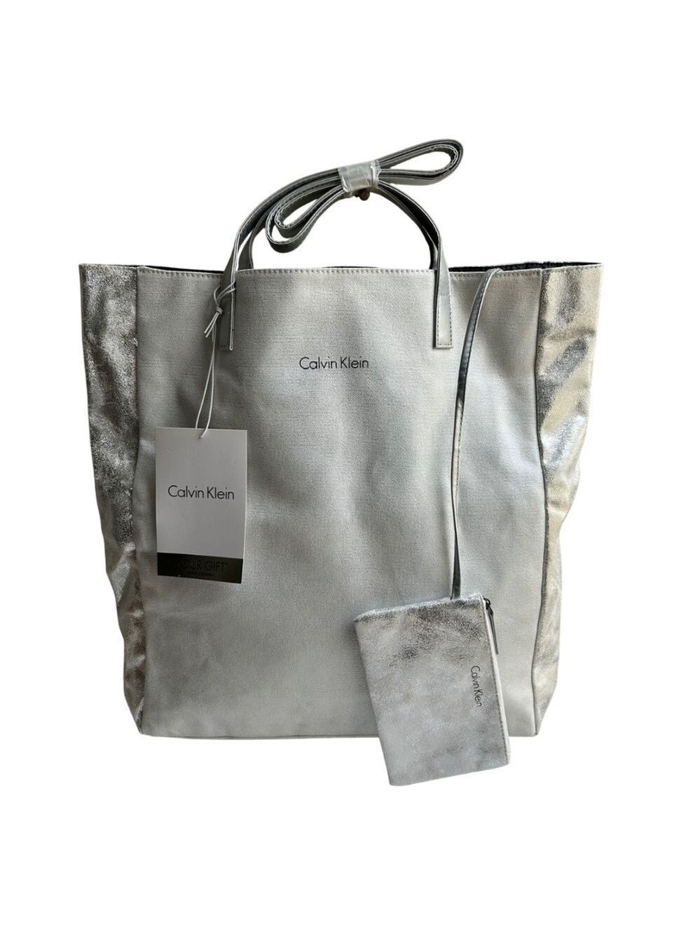 Calvin Klein Large Coated Canvas Tote Bag w/ Silvery Change/ Make-up Bag NWT